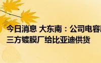 今日消息 大东南：公司电容膜产品未供货给宁德，已通过第三方镀膜厂给比亚迪供货