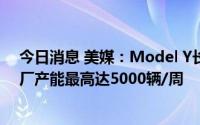 今日消息 美媒：Model Y长续航版加入后，特斯拉得州工厂产能最高达5000辆/周