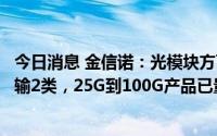 今日消息 金信诺：光模块方面主要有光电转换、高速信号传输2类，25G到100G产品已量产