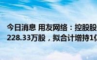 今日消息 用友网络：控股股东一致行动人5008.94万元增持228.33万股，拟合计增持1亿至1.5亿元增持