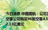 今日消息 中国国航：公司及控股子公司深圳航空等拟合计向空客公司购买96架空客A320NEO系列飞机，基本价合计122.13亿美元