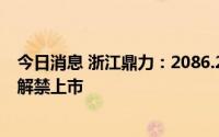 今日消息 浙江鼎力：2086.23万股定增限售股将于7月11日解禁上市