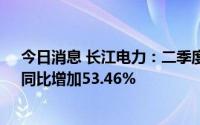 今日消息 长江电力：二季度总发电量约610.70亿千瓦时，同比增加53.46%