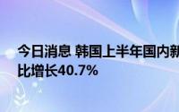 今日消息 韩国上半年国内新能源汽车销量突破20万辆，同比增长40.7%