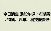 今日消息 港股午评：行情震荡下探，恒生科技指数跌3.71%，物管、汽车、科技股普跌