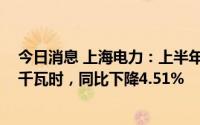 今日消息 上海电力：上半年完成合并口径发电量274.53亿千瓦时，同比下降4.51%