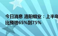 今日消息 洛阳钼业：上半年预盈39.75亿到42.16亿元，同比预增65%到75%