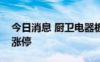 今日消息 厨卫电器板块高开高走，日出东方涨停