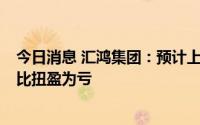 今日消息 汇鸿集团：预计上半年亏损3.33亿-3.99亿元，同比扭盈为亏