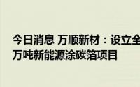 今日消息 万顺新材：设立全资子公司，拟.2亿元投建年产5万吨新能源涂碳箔项目