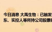 今日消息 大禹生物：已触发稳定股价措施启动条件，控股股东、实控人等所持公司股票锁定期自动延长6个月