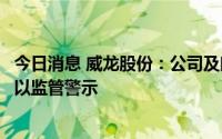 今日消息 威龙股份：公司及时任董事长、时任总经理等被予以监管警示