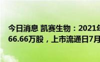 今日消息 凯赛生物：2021年度权益分派实施后无限售股6766.66万股，上市流通日7月21日