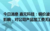 今日消息 嘉元科技：铜价波动对公司原材料采购成本有一定影响，对公司产品加工费无直接影响