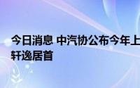 今日消息 中汽协公布今年上半年前十位轿车品牌销量排名，轩逸居首