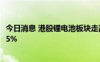 今日消息 港股锂电池板块走高，天齐锂业、彩客新能源涨超5%