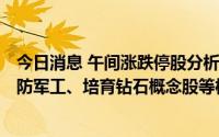 今日消息 午间涨跌停股分析：75只涨停股，5只跌停股，国防军工、培育钻石概念股等板块领涨