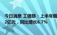 今日消息 工信部：上半年烟酒类商品零售类值累计值2475.2亿元，同比增长6.7%