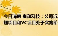 今日消息 泰和科技：公司近期布局锂电材料等领域，磷酸铁锂项目和VC项目处于实施阶段且未形成收入