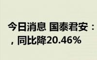 今日消息 国泰君安：上半年净利润63.73亿元，同比降20.46%