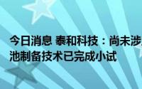 今日消息 泰和科技：尚未涉足电网大规模储能，全钒液流电池制备技术已完成小试