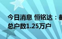 今日消息 恒铭达：截至7月31日，公司股东总户数1.25万户