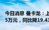 今日消息 曼卡龙：上半年归母净利润3573.55万元，同比降19.43%