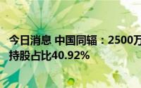 今日消息 中国同辐：2500万元参股设立江苏高同装备公司，持股占比40.92%