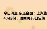 今日消息 东正金融：上汽集团16.07亿元完成收购公司71.04%股份，股票8月8日复牌