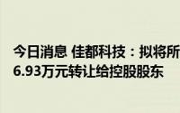 今日消息 佳都科技：拟将所持汇诚小贷全部19.5%股权2486.93万元转让给控股股东