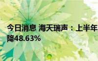 今日消息 海天瑞声：上半年归母净利润1942.54万元，同比降48.63%