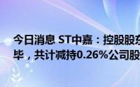 今日消息 ST中嘉：控股股东的一致行动人减持计划实施完毕，共计减持0.26%公司股份