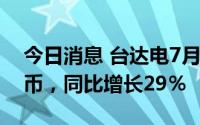 今日消息 台达电7月营业额341.41亿元新台币，同比增长29％