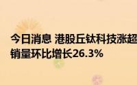 今日消息 港股丘钛科技涨超11%，公司7月手机摄像头模组销量环比增长26.3%