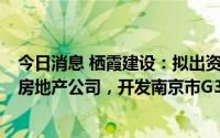 今日消息 栖霞建设：拟出资5亿元与迅燕建设共设南京星燕房地产公司，开发南京市G33号地块