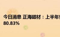 今日消息 正海磁材：上半年归母净利润2.06亿元，同比增长80.83%