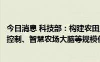 今日消息 科技部：构建农田土壤变化自适应感知、农机行为控制、智慧农场大脑等规模化作业典型场景