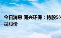 今日消息 同兴环保：持股5%以上股东拟继续减持不超8%公司股份