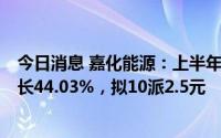 今日消息 嘉化能源：上半年归母净利润10.26亿元，同比增长44.03%，拟10派2.5元