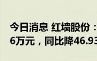 今日消息 红墙股份：上半年归母净利3769.66万元，同比降46.93%