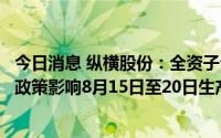 今日消息 纵横股份：全资子公司智能设备、纵横鹏飞受限电政策影响8月15日至20日生产线全线停产