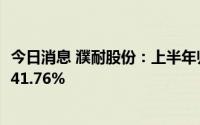 今日消息 濮耐股份：上半年归母净利润1.69亿元，同比增长41.76%