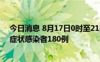 今日消息 8月17日0时至21时，新疆新增确诊病例6例、无症状感染者180例