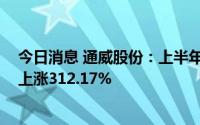 今日消息 通威股份：上半年归母净利润122.24亿元，同比上涨312.17%