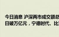 今日消息 沪深两市成交额总计10744亿元，连续第2个交易日破万亿元，宁德时代、比亚迪成交额居前