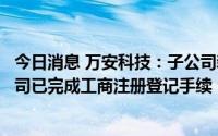 今日消息 万安科技：子公司新设合资汽车零部件相关业务公司已完成工商注册登记手续