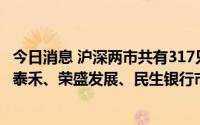 今日消息 沪深两市共有317只个股跌破每股净资产，其中ST泰禾、荣盛发展、民生银行市净率最低