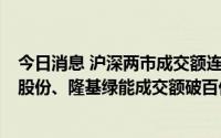 今日消息 沪深两市成交额连续第4个交易日破万亿元，通威股份、隆基绿能成交额破百亿居前二