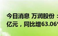 今日消息 万润股份：上半年归母净利润4.91亿元，同比增63.06%