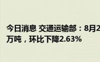 今日消息 交通运输部：8月22日，国家铁路运输货物1029.4万吨，环比下降2.63%